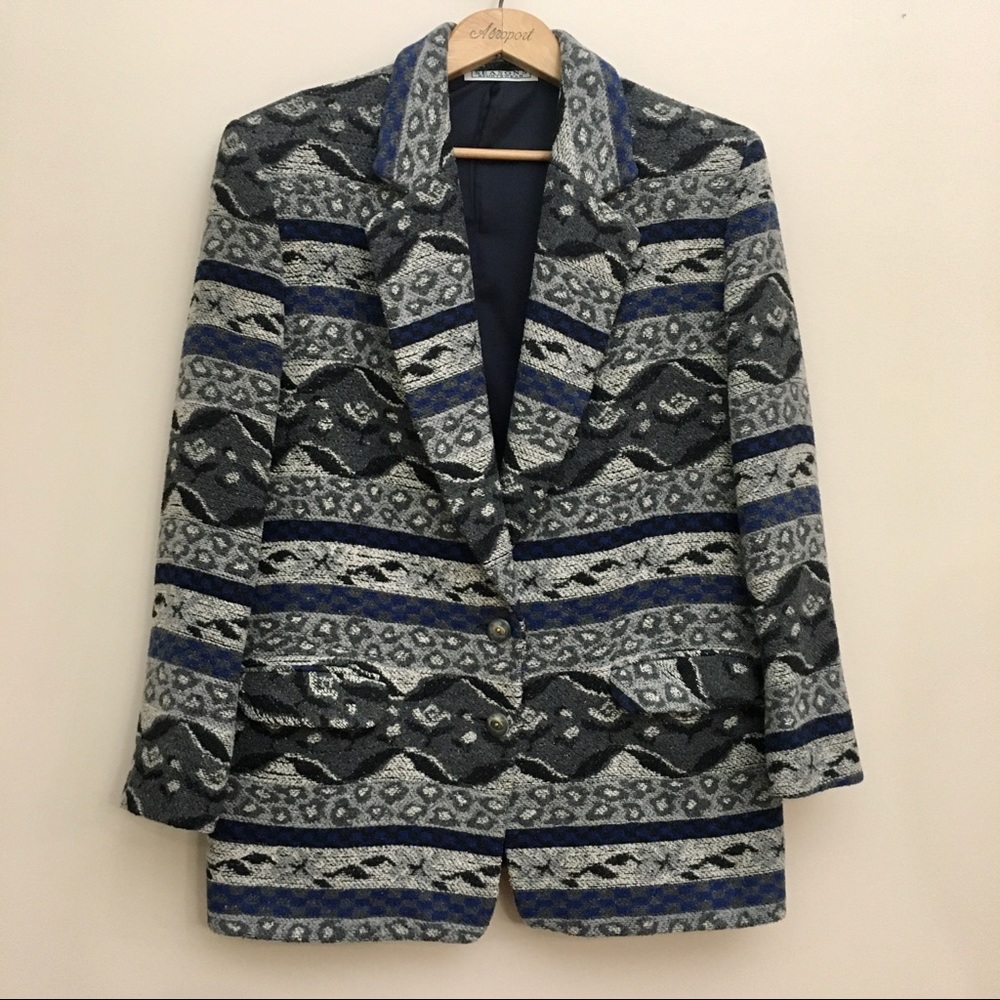 SEASONS SPORTSWEAR Vintage Grey Pattern Wool Blend Blazer Coat Jacket